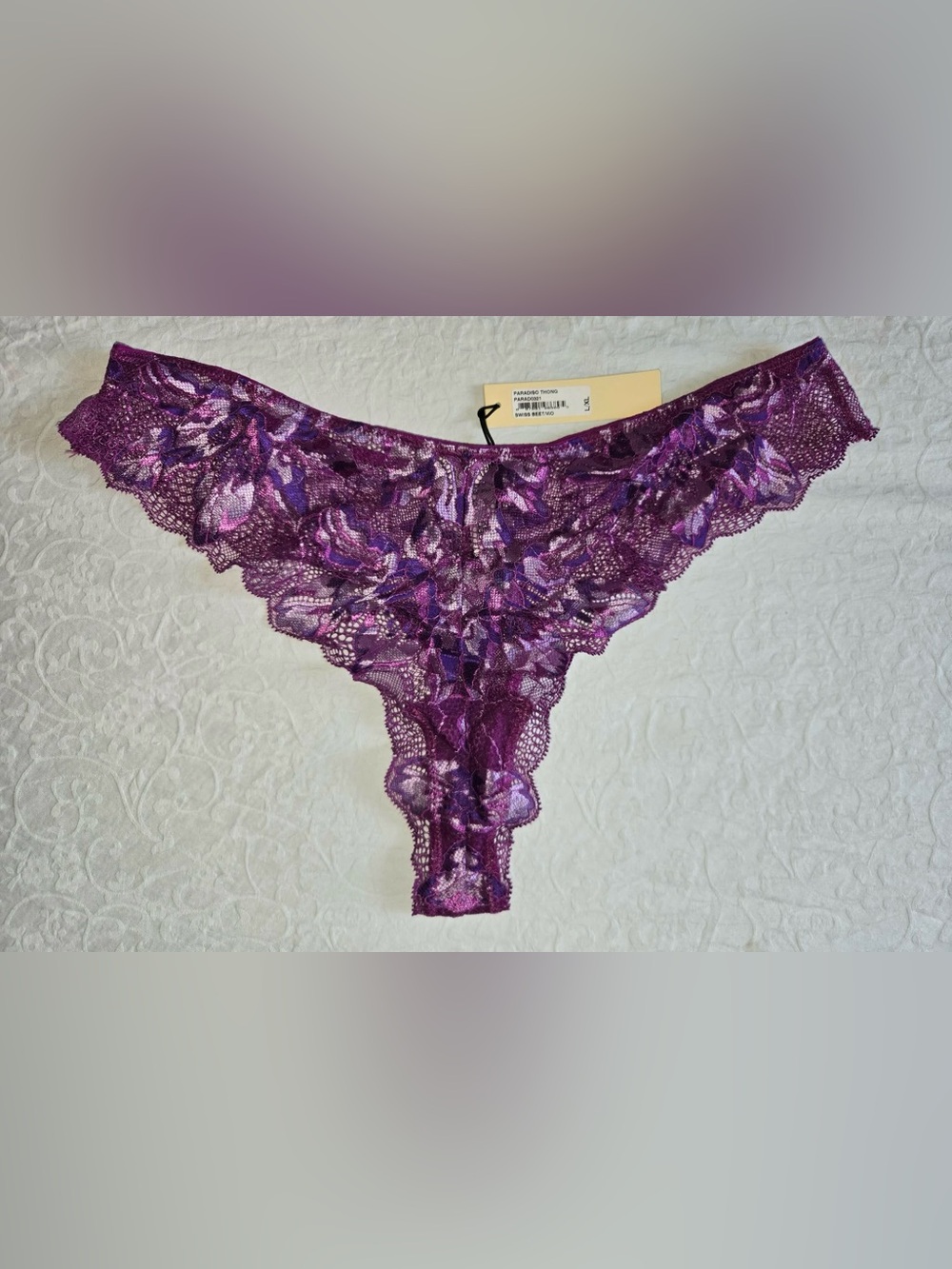 Cosabella Paradiso Thong in Size L/XL in the color Swiss Beet Violet Lace NWT